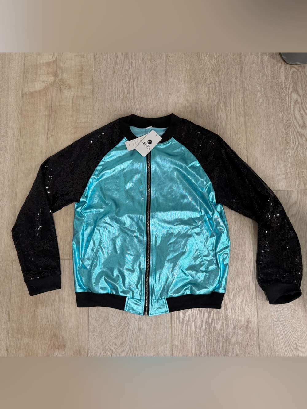 Black & Aqua Sequin Sleeve Girls Bomber Jacket - size 14 - Taylor Swift - NWT